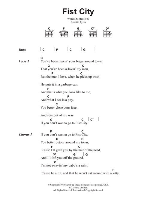Download Loretta Lynn Fist City Sheet Music and learn how to play Lyrics & Chords PDF digital score in minutes