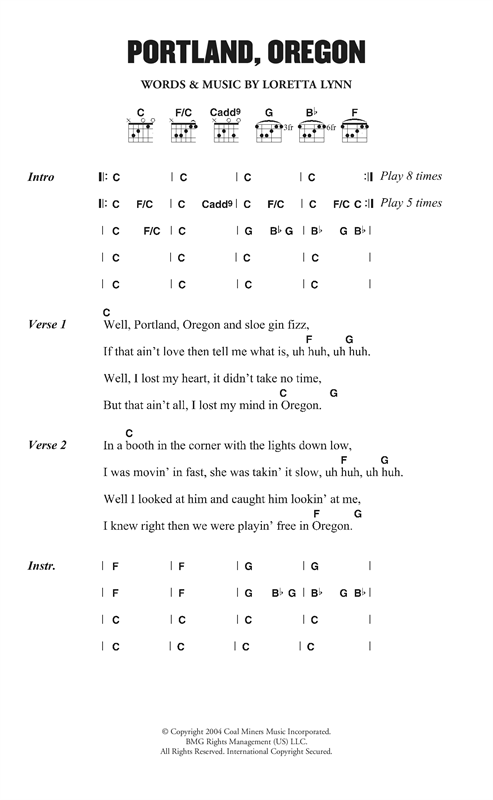 Download Loretta Lynn Portland, Oregon Sheet Music and learn how to play Lyrics & Chords PDF digital score in minutes