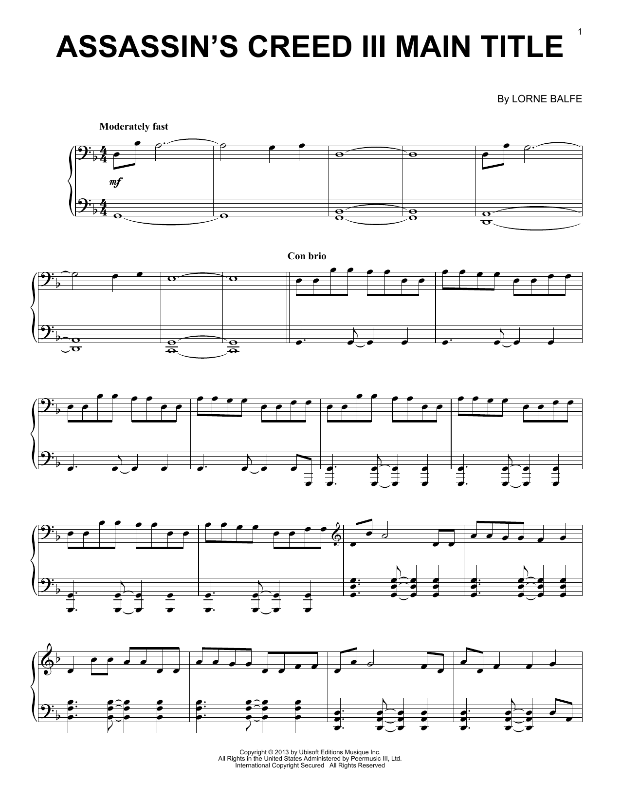Download Lorne Balfe Assassin's Creed III Main Title Sheet Music and learn how to play Easy Piano PDF digital score in minutes