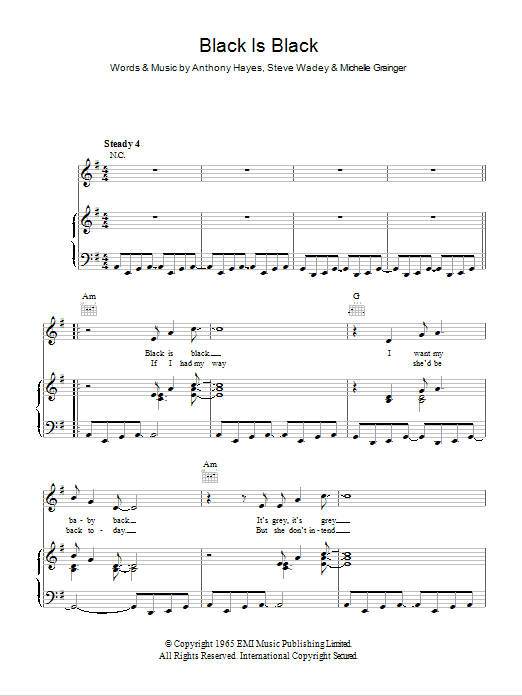 Download Los Bravos Black Is Black Sheet Music and learn how to play Piano, Vocal & Guitar (Right-Hand Melody) PDF digital score in minutes
