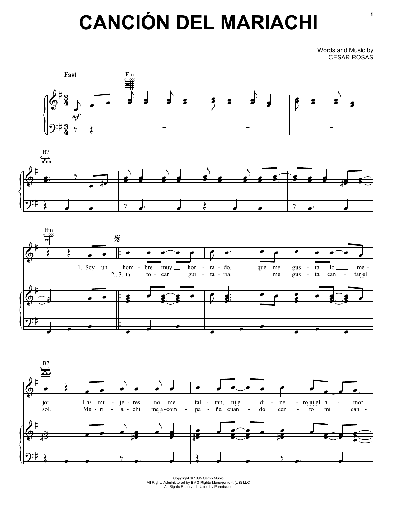 Download Los Lobos & Antonio Banderas Cancion Del Mariachi Sheet Music and learn how to play Piano, Vocal & Guitar (Right-Hand Melody) PDF digital score in minutes