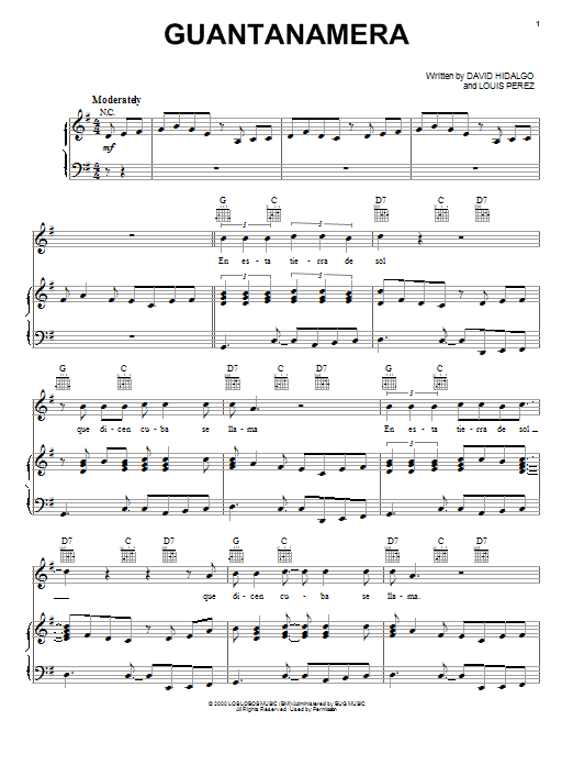 Download Los Lobos Guantanamera Sheet Music and learn how to play Piano, Vocal & Guitar (Right-Hand Melody) PDF digital score in minutes