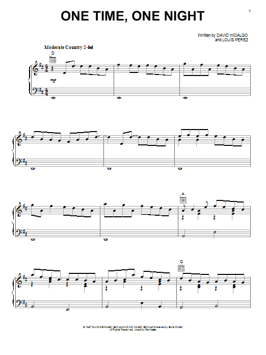 Download Los Lobos One Time, One Night Sheet Music and learn how to play Piano, Vocal & Guitar (Right-Hand Melody) PDF digital score in minutes