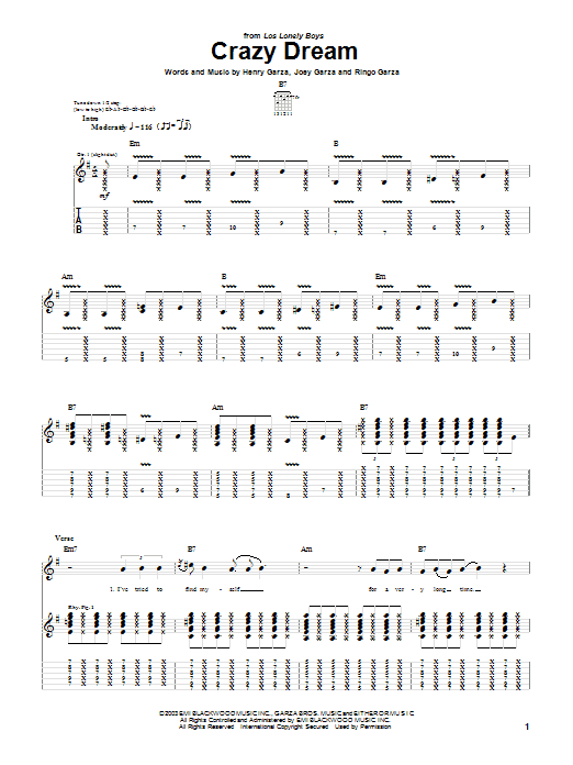 Download Los Lonely Boys Crazy Dream Sheet Music and learn how to play Guitar Tab PDF digital score in minutes