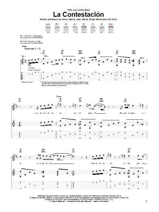 Download Los Lonely Boys La Contestacion Sheet Music and learn how to play Guitar Tab PDF digital score in minutes
