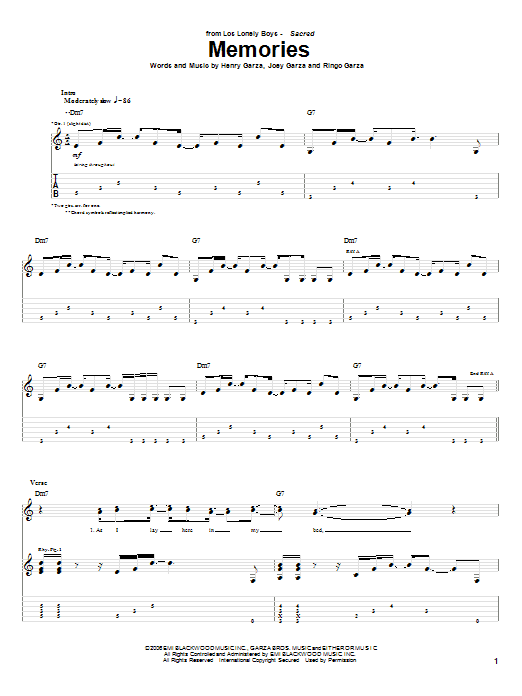 Download Los Lonely Boys Memories Sheet Music and learn how to play Guitar Tab PDF digital score in minutes