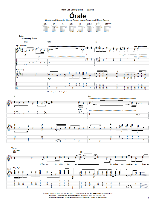 Download Los Lonely Boys Orale Sheet Music and learn how to play Guitar Tab PDF digital score in minutes
