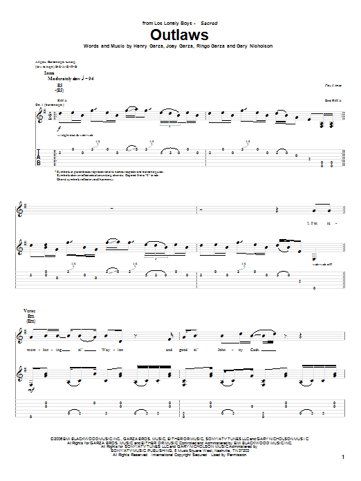 Download Los Lonely Boys Outlaws Sheet Music and learn how to play Guitar Tab PDF digital score in minutes