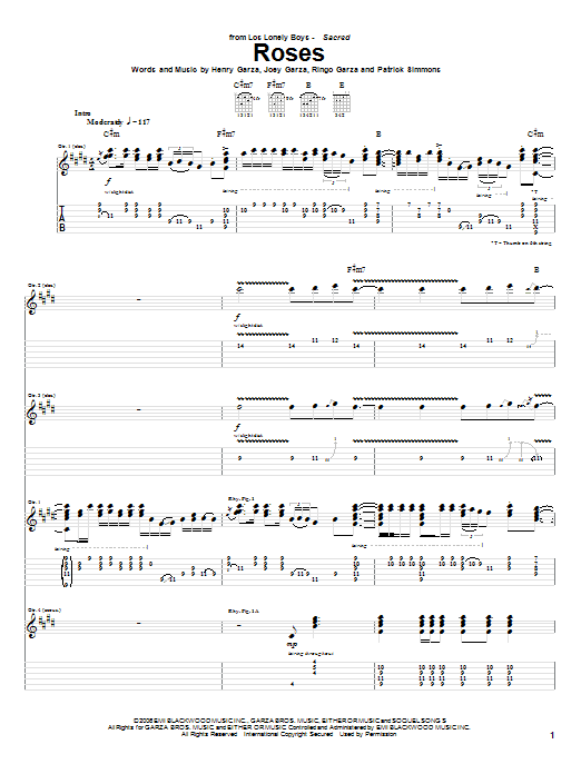 Download Los Lonely Boys Roses Sheet Music and learn how to play Guitar Tab PDF digital score in minutes