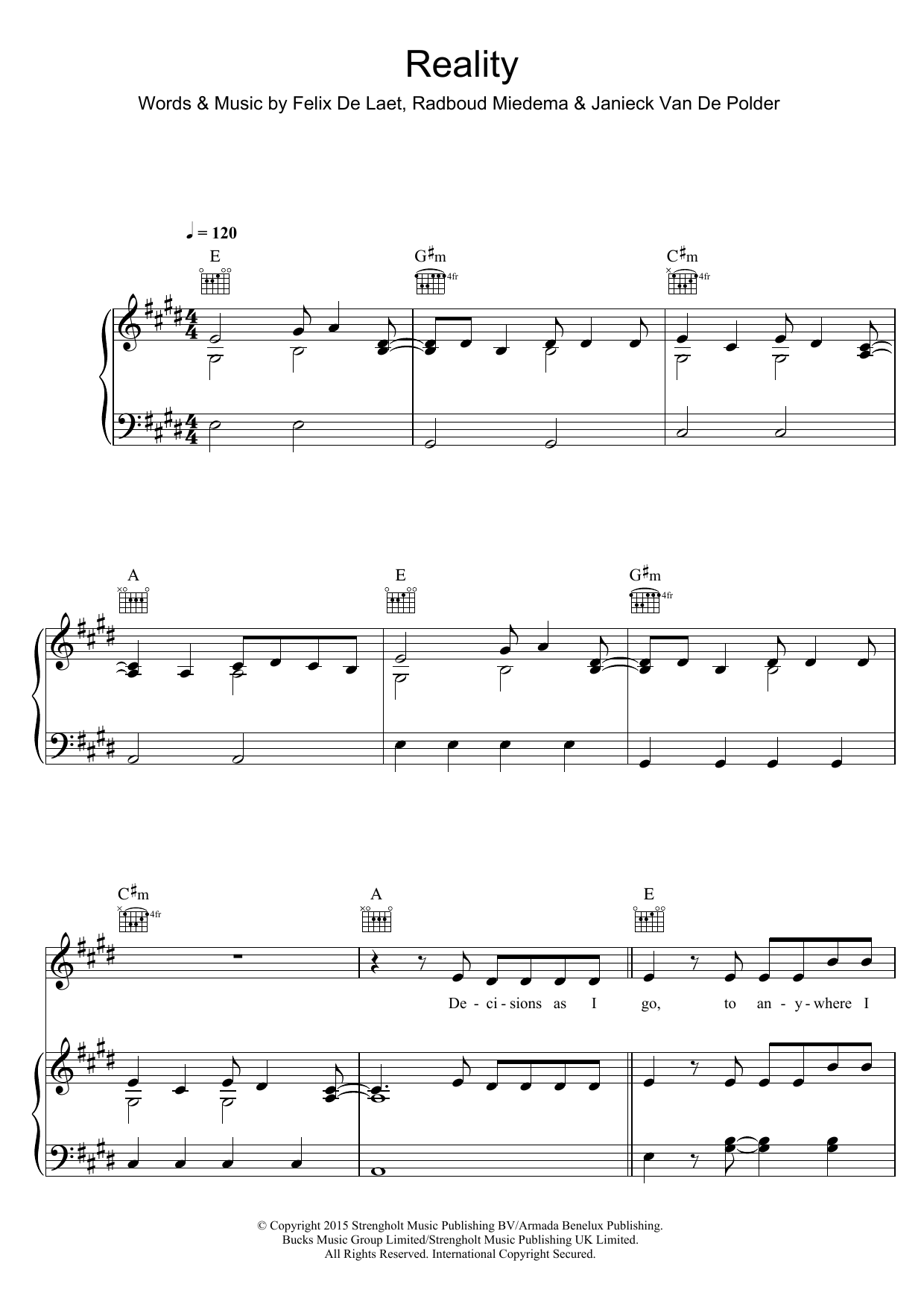 Download Lost Frequencies Reality Sheet Music and learn how to play Piano, Vocal & Guitar (Right-Hand Melody) PDF digital score in minutes