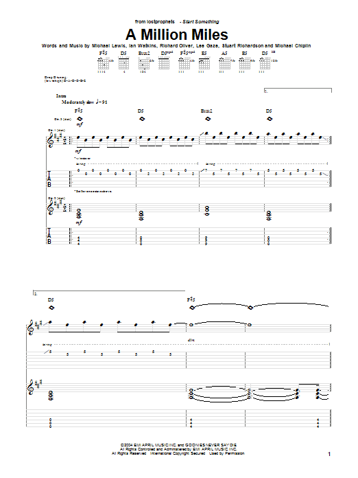 Download Lostprophets A Million Miles Sheet Music and learn how to play Guitar Tab PDF digital score in minutes