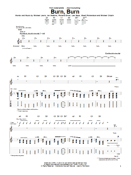 Download Lostprophets Burn, Burn Sheet Music and learn how to play Guitar Tab PDF digital score in minutes