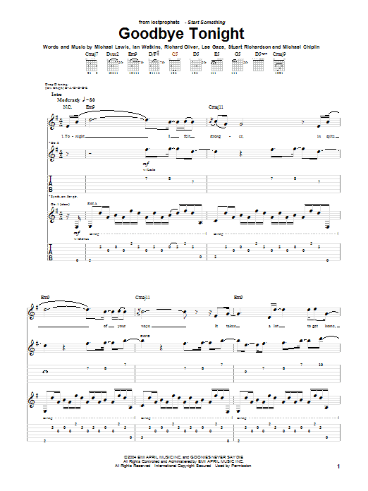 Download Lostprophets Goodbye Tonight Sheet Music and learn how to play Guitar Tab PDF digital score in minutes