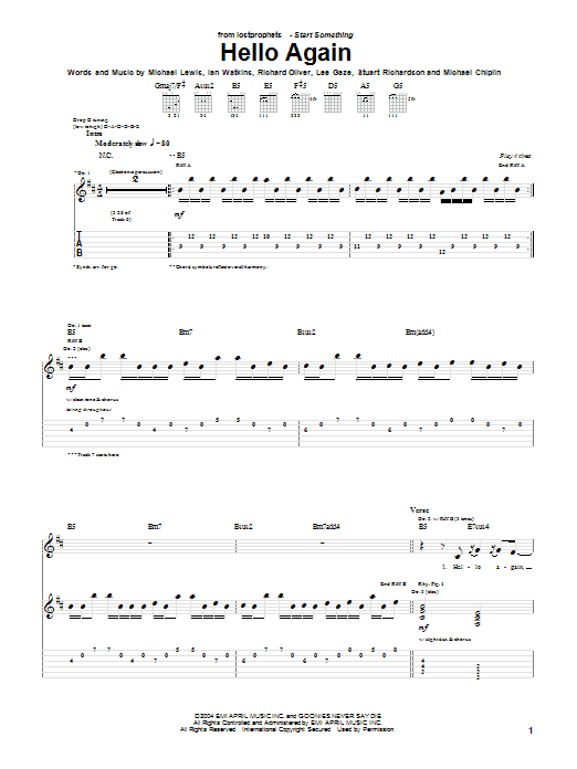 Download Lostprophets Hello Again Sheet Music and learn how to play Guitar Tab PDF digital score in minutes
