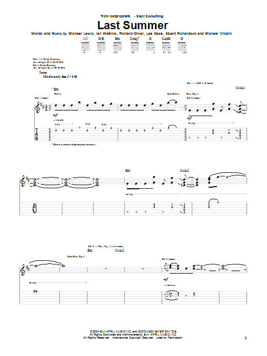 Download Lostprophets Last Summer Sheet Music and learn how to play Guitar Tab PDF digital score in minutes