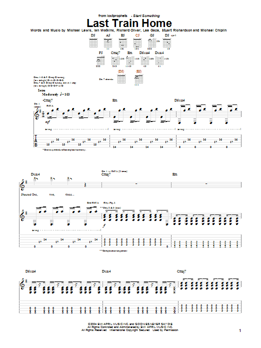 Download Lostprophets Last Train Home Sheet Music and learn how to play Guitar Tab (Single Guitar) PDF digital score in minutes