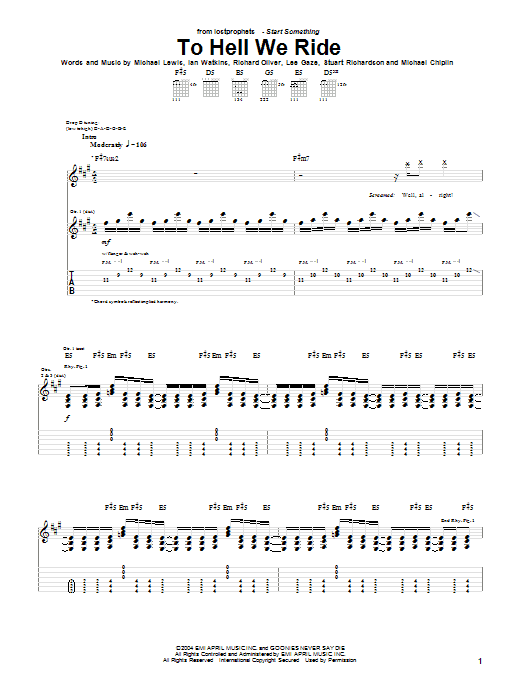 Download Lostprophets To Hell We Ride Sheet Music and learn how to play Guitar Tab PDF digital score in minutes