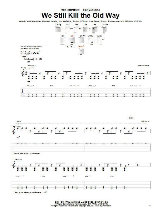 Download Lostprophets We Still Kill The Old Way Sheet Music and learn how to play Guitar Tab PDF digital score in minutes