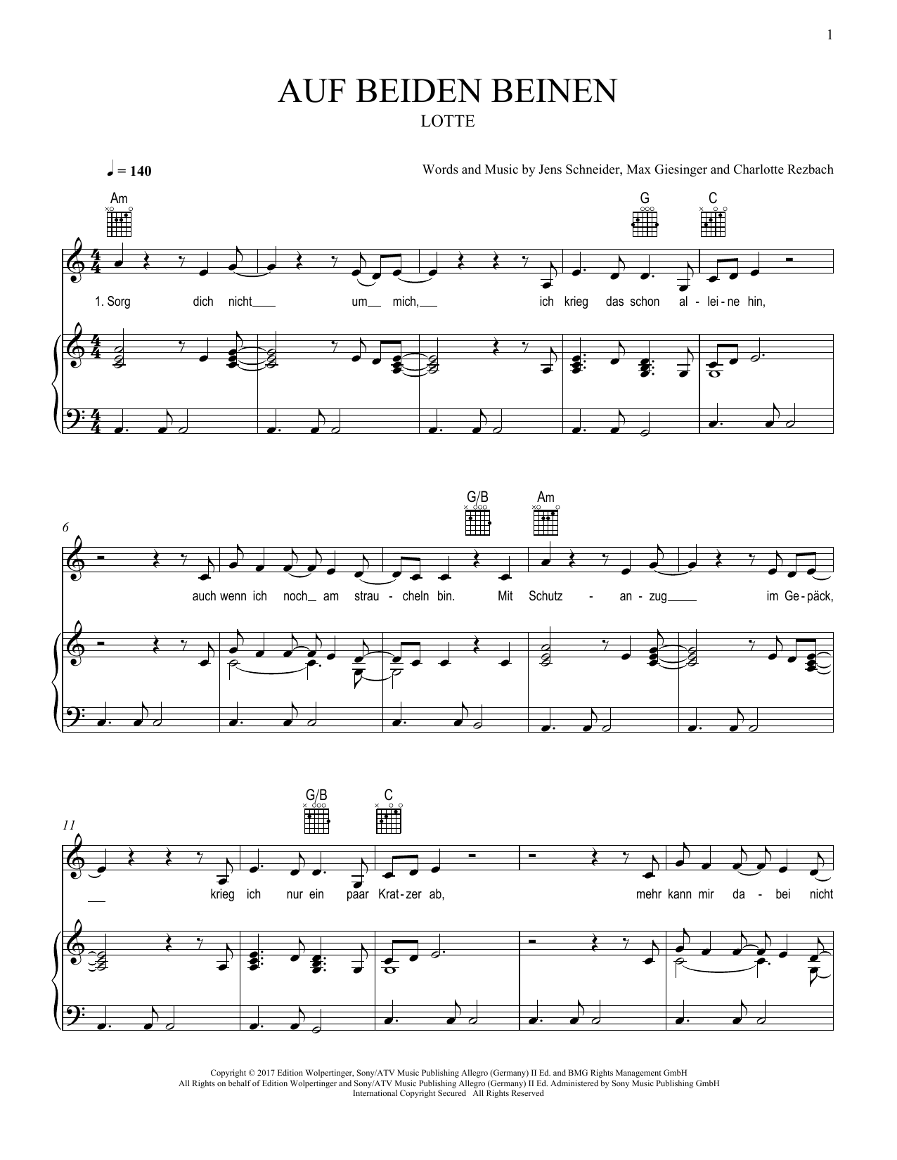 Download LOTTE Auf beiden Beinen Sheet Music and learn how to play Piano, Vocal & Guitar Chords (Right-Hand Melody) PDF digital score in minutes