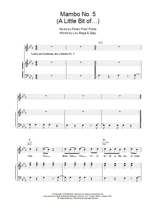 Download Perez 'Prez' Prado Mambo No. 5 Sheet Music and learn how to play Piano PDF digital score in minutes