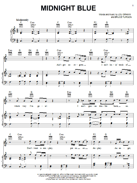 Download Lou Gramm Midnight Blue Sheet Music and learn how to play Lyrics & Chords PDF digital score in minutes