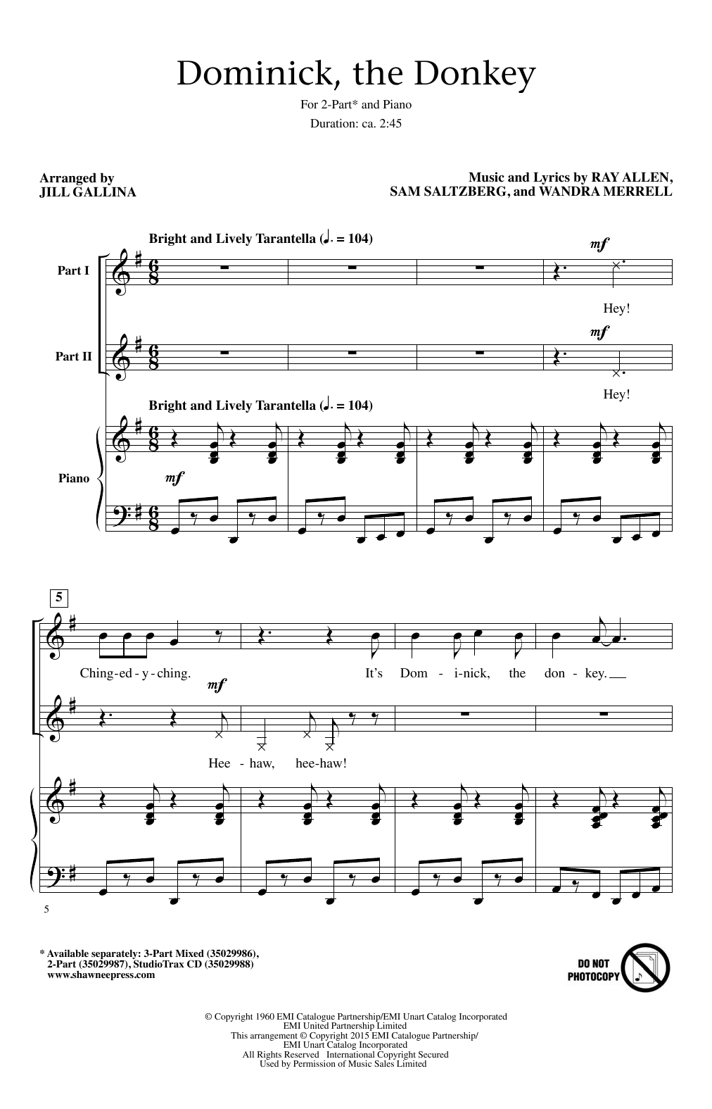 Download Jill Gallina Dominick, The Donkey Sheet Music and learn how to play 2-Part Choir PDF digital score in minutes