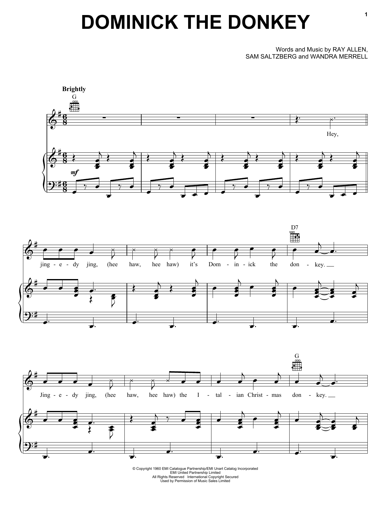 Download Lou Monte Dominick, The Donkey Sheet Music and learn how to play Piano, Vocal & Guitar Chords (Right-Hand Melody) PDF digital score in minutes