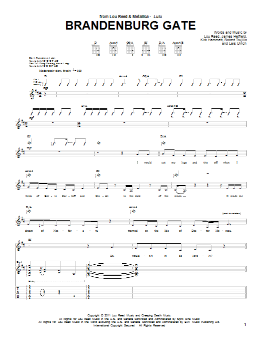 Download Lou Reed & Metallica Brandenburg Gate Sheet Music and learn how to play Guitar Tab PDF digital score in minutes