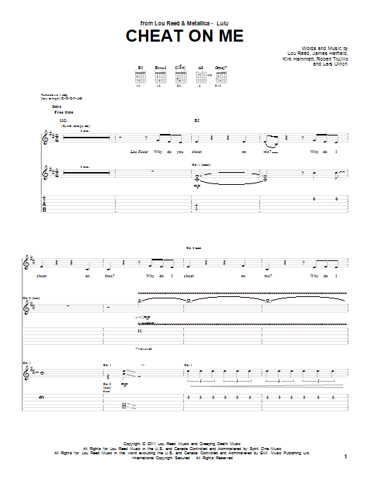 Download Lou Reed & Metallica Cheat On Me Sheet Music and learn how to play Guitar Tab PDF digital score in minutes