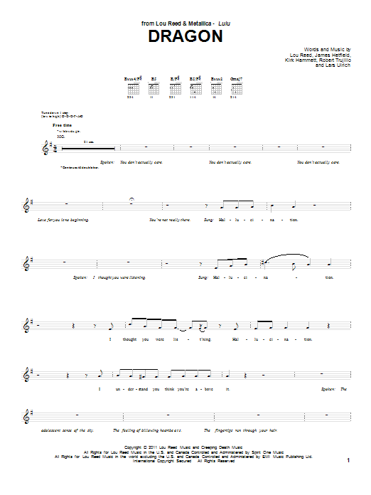 Download Lou Reed & Metallica Dragon Sheet Music and learn how to play Guitar Tab PDF digital score in minutes