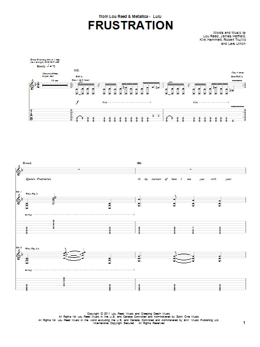 Download Lou Reed & Metallica Frustration Sheet Music and learn how to play Guitar Tab PDF digital score in minutes