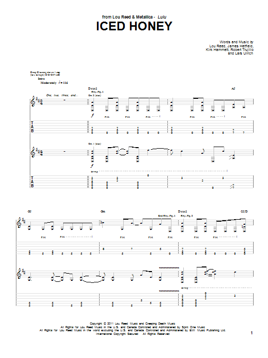 Download Lou Reed & Metallica Iced Honey Sheet Music and learn how to play Guitar Tab PDF digital score in minutes