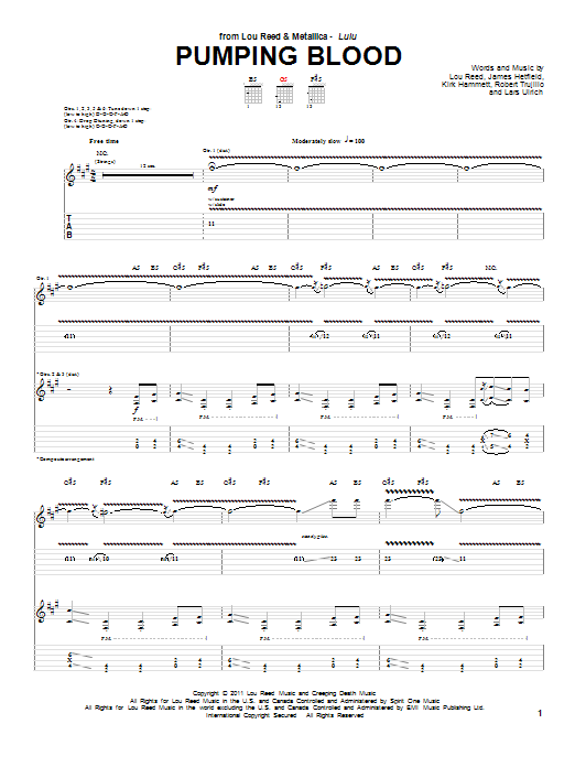 Download Lou Reed & Metallica Pumping Blood Sheet Music and learn how to play Guitar Tab PDF digital score in minutes