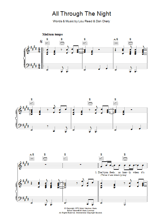 Download Lou Reed All Through The Night Sheet Music and learn how to play Piano, Vocal & Guitar PDF digital score in minutes