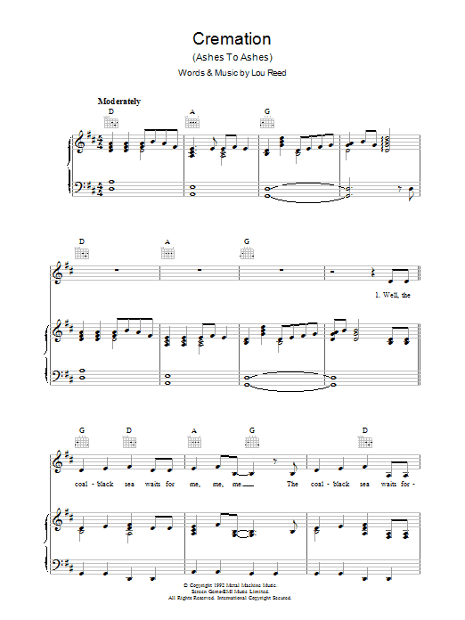 Download Lou Reed Cremation Sheet Music and learn how to play Piano, Vocal & Guitar (Right-Hand Melody) PDF digital score in minutes