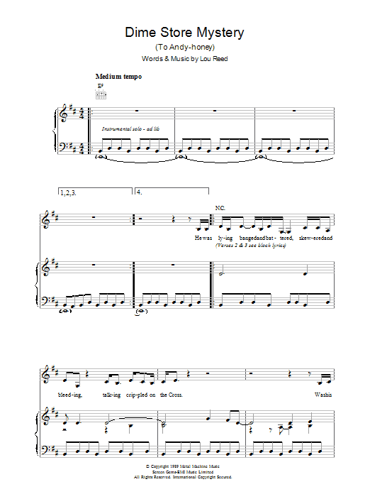 Download Lou Reed Dime Store Mystery Sheet Music and learn how to play Piano, Vocal & Guitar PDF digital score in minutes