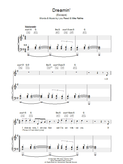 Download Lou Reed Dreamin' Sheet Music and learn how to play Piano, Vocal & Guitar PDF digital score in minutes