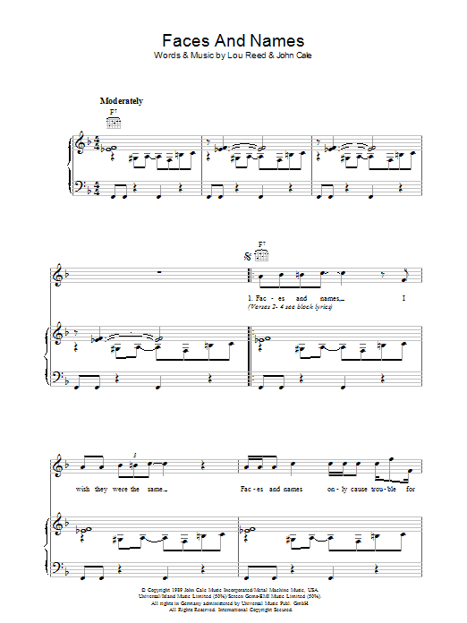 Download Lou Reed Faces And Names Sheet Music and learn how to play Piano, Vocal & Guitar PDF digital score in minutes