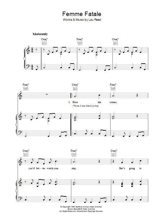 Download Lou Reed Femme Fatale Sheet Music and learn how to play Piano, Vocal & Guitar (Right-Hand Melody) PDF digital score in minutes