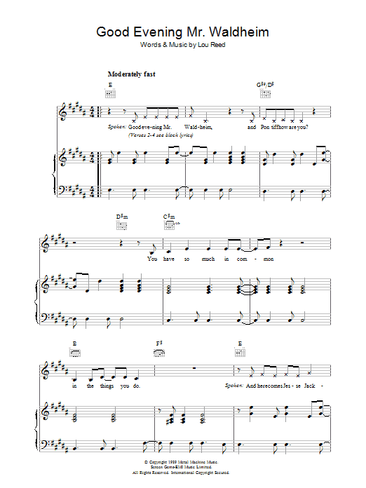 Download Lou Reed Good Evening Mr. Waldheim Sheet Music and learn how to play Piano, Vocal & Guitar PDF digital score in minutes