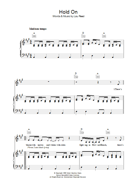 Download Lou Reed Hold On Sheet Music and learn how to play Piano, Vocal & Guitar PDF digital score in minutes