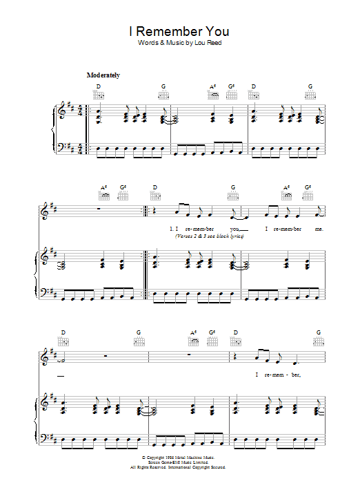 Download Lou Reed I Remember You Sheet Music and learn how to play Piano, Vocal & Guitar PDF digital score in minutes
