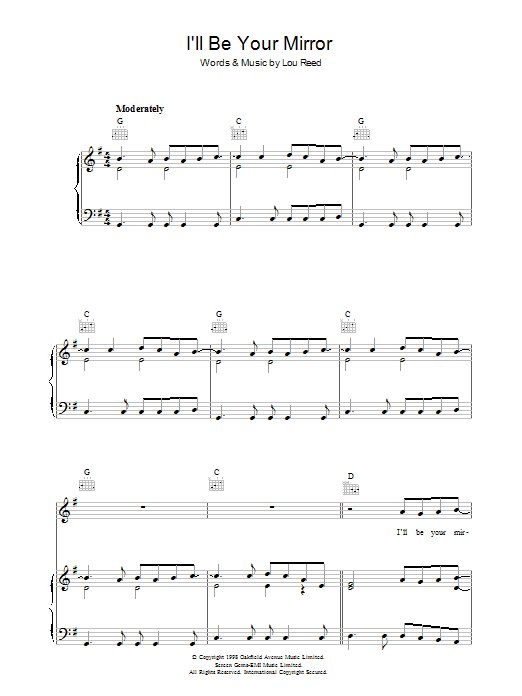 Download Lou Reed I'll Be Your Mirror Sheet Music and learn how to play Piano, Vocal & Guitar (Right-Hand Melody) PDF digital score in minutes