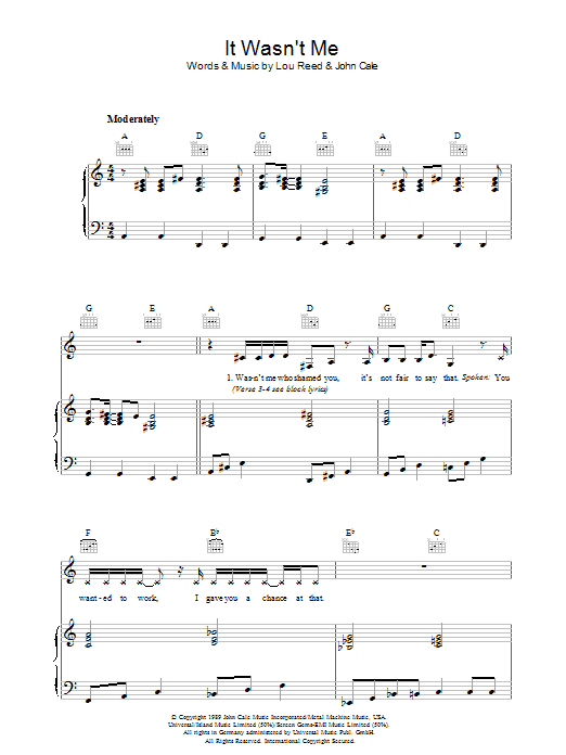 Download Lou Reed It Wasn't Me Sheet Music and learn how to play Piano, Vocal & Guitar PDF digital score in minutes