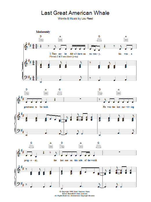 Download Lou Reed Last Great American Whale Sheet Music and learn how to play Piano, Vocal & Guitar PDF digital score in minutes