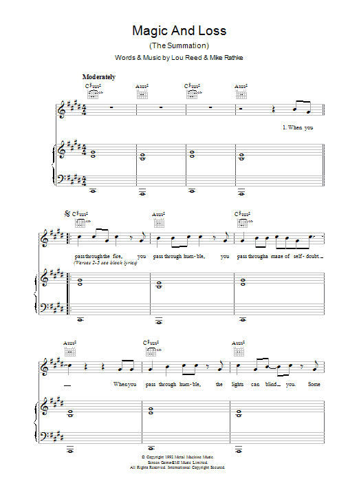 Download Lou Reed Magic And Loss Sheet Music and learn how to play Piano, Vocal & Guitar PDF digital score in minutes