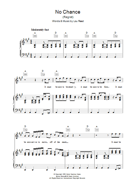 Download Lou Reed No Chance Sheet Music and learn how to play Piano, Vocal & Guitar (Right-Hand Melody) PDF digital score in minutes