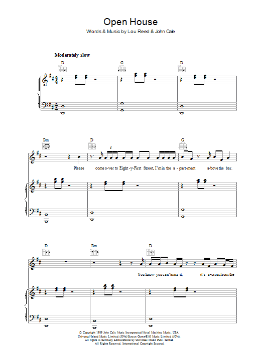 Download Lou Reed Open House Sheet Music and learn how to play Piano, Vocal & Guitar PDF digital score in minutes