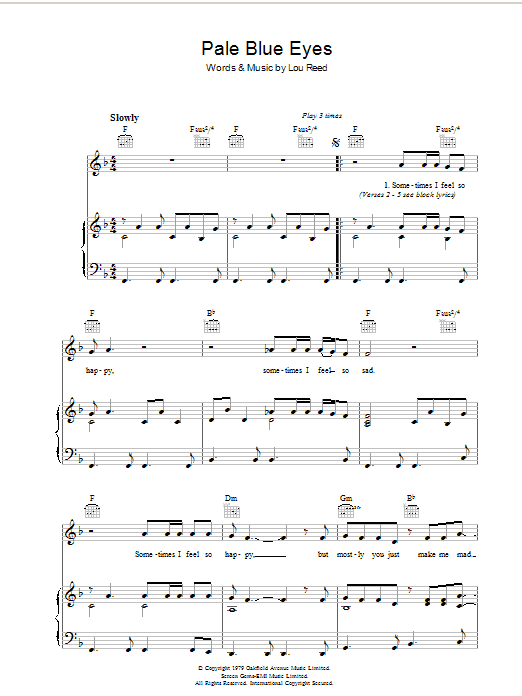 Download Lou Reed Pale Blue Eyes Sheet Music and learn how to play Piano, Vocal & Guitar (Right-Hand Melody) PDF digital score in minutes