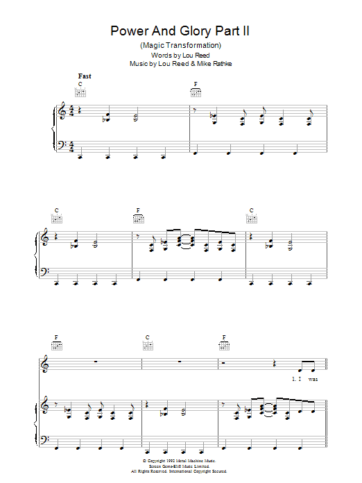 Download Lou Reed Power And Glory Part 2 Sheet Music and learn how to play Piano, Vocal & Guitar (Right-Hand Melody) PDF digital score in minutes